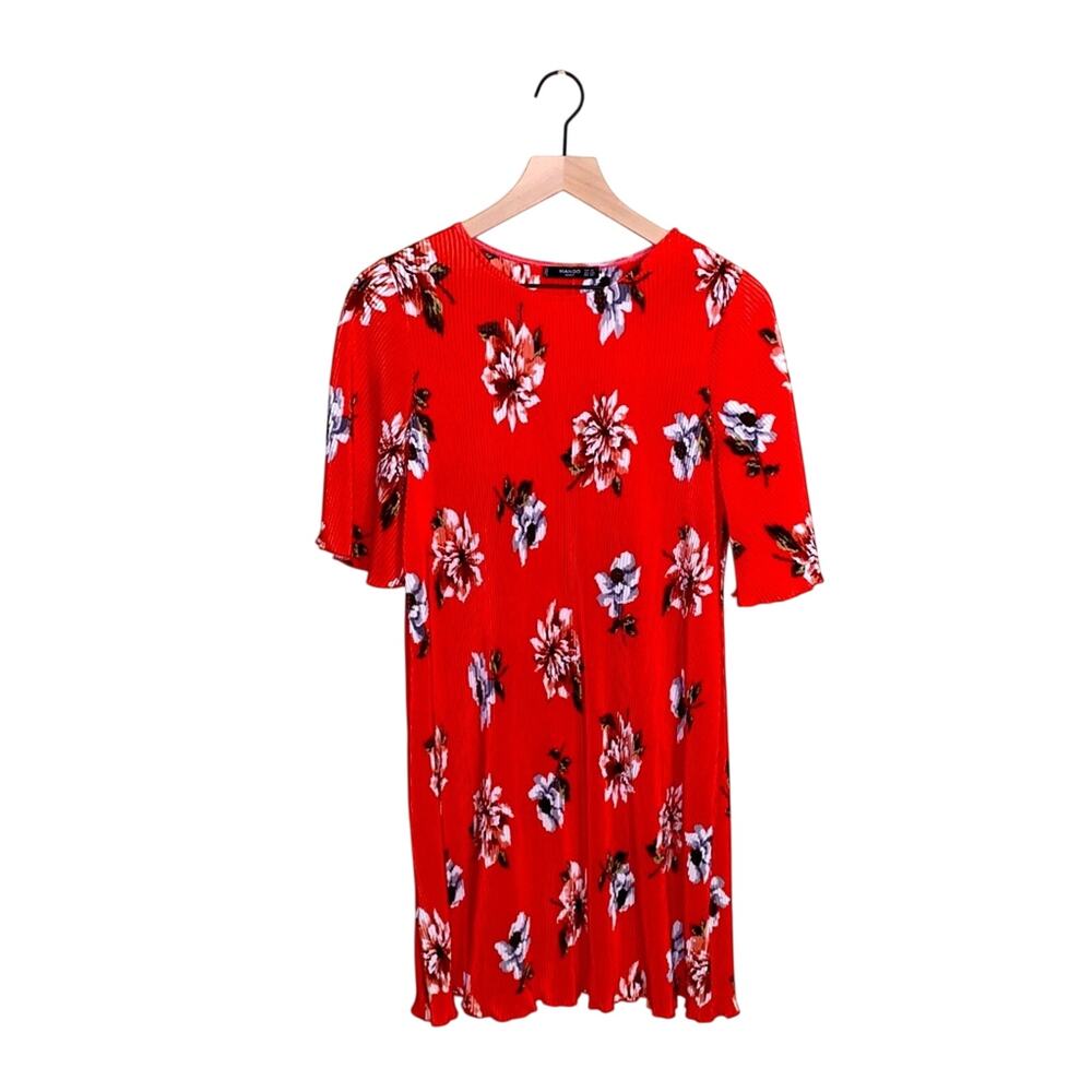 MANGO accordion pleated stretch floral mini shift dress XS